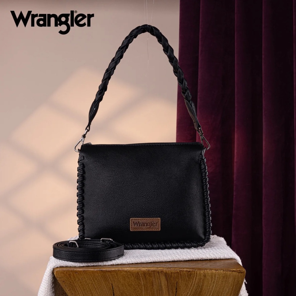 Wrangler Whipstitch Braided Strap Hobo/Crossbody Bag Black
